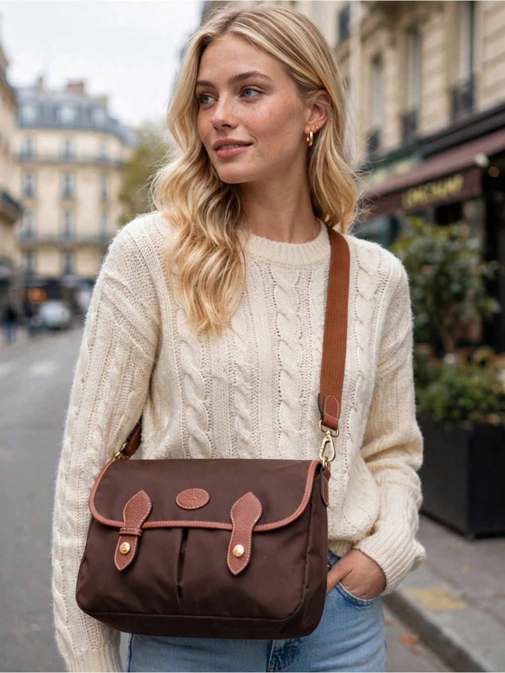 Longchamp Brown Nylon Crossbody Bag with Tan Leather Trim
